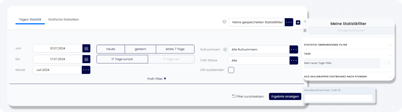 Abbildung der Benutzeroberfläche zur Bedienung des Statistik Filters innerhalb der Cloud Telefonanlage von inopla.