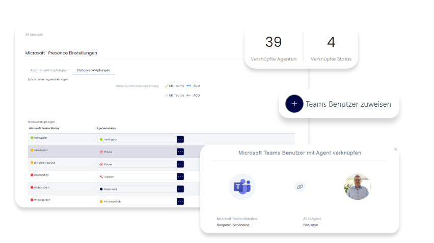 Abbildung der Benutzeroberfläche der Microsoft Teams Presence Verwaltung innerhalb der inopla Cloud Telefonanlage.