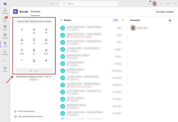 Microsoft Teams Telefonie Benutzeroberfläche mit Dialpad