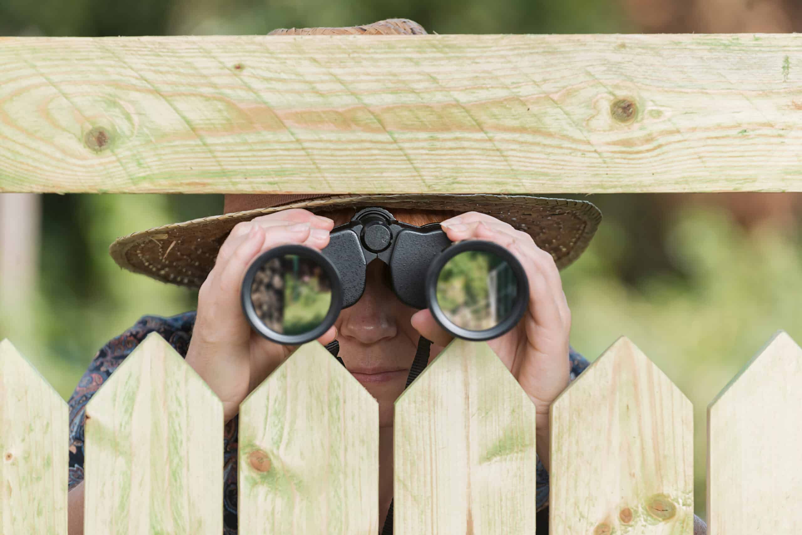 inopla Datenschutz: Person schaut mit Fernglas über den Gartenzaun