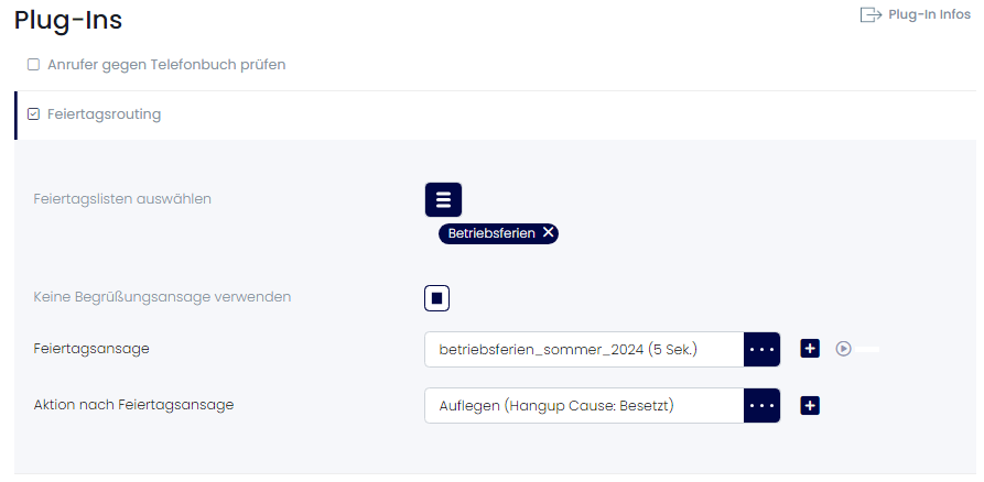 inopla Cloud Telefonanlage - Screenshot des Plug-Ins Feiertagsrouting